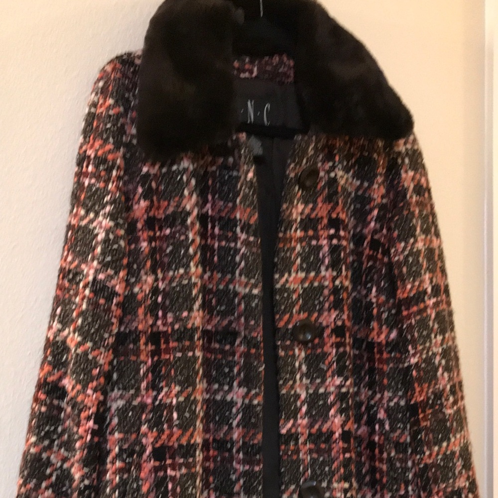 INC Women's Brown Pink Tweed Wool Blend Coat Sz L